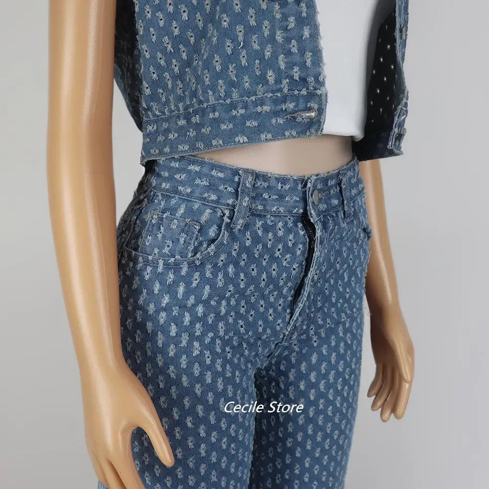 New African girly jeans ripped jeans womens three-piece denim jacket women slit wide leg slit trousers jeans uomo