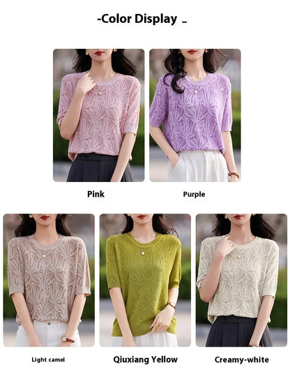 T-shirt Women Tops Summer 2025New Clothing Body O-neck Half Sleeve Tees Shirt  Solid Color Maple Leaf Pattern Casual Fashion Top