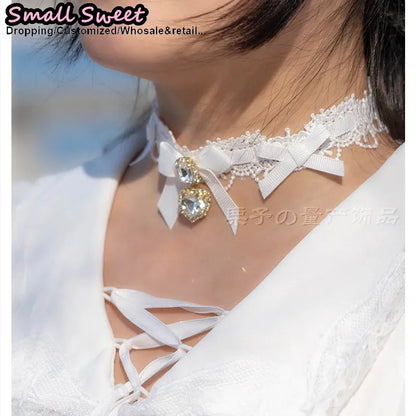 Handmade Choker Necklaces Double Pearl bow love jewelry gemstone sweet Cute Kawaii Collar Lolita Collarbone Chain Cecklace Women