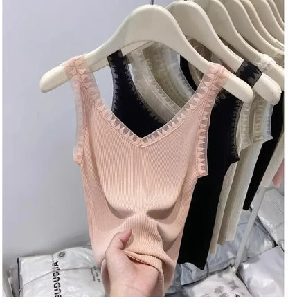 Women Summer Fashion Thin Knitted Undershirt Sleeveless Corset Top Half High Neck Comfortable Breathable Lace Tank Top 2025