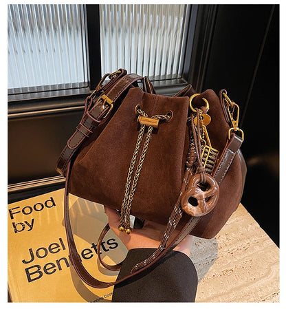 Women Vintage One Shoulder Bag Frosted Solid Drawstring Soft All-Match Bucket Bags High-Grade Versatile Commute Crossbody Packs