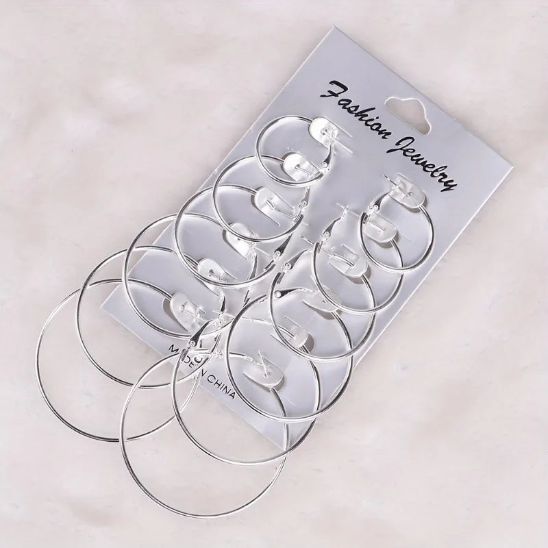 6 Pairs of Fashionable, Classic, Versatile, Personalized, Exaggerated Metal Round Women's Earring Set, Suitable for Daily Wear