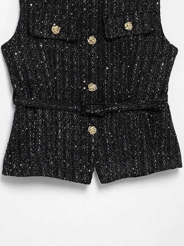 Women's Tweed Waistcoat With Belt, O Neck, Sleeveless, Front Button, Female Outerwear, Chic Tops, Fashion