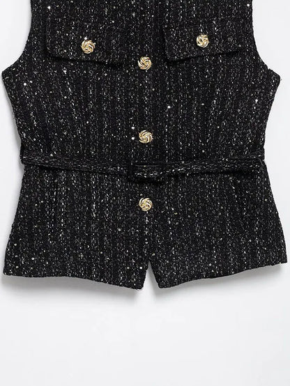 Women's Tweed Waistcoat With Belt, O Neck, Sleeveless, Front Button, Female Outerwear, Chic Tops, Fashion