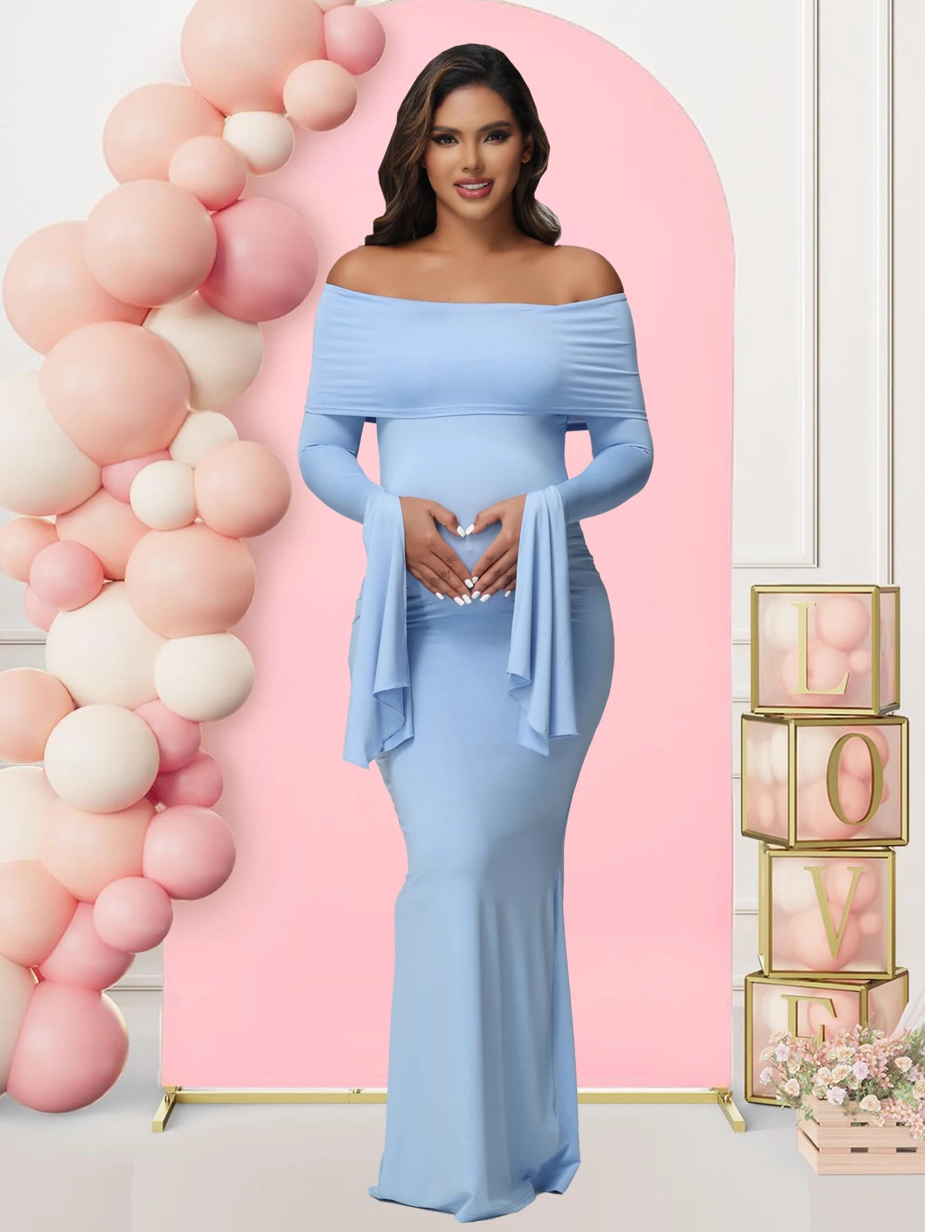 Women Maternity Dresses For Photoshoot Sexy Off Shoulder Long Sleeve Bodycon Pregnancy Baby Shower Maxi Gown