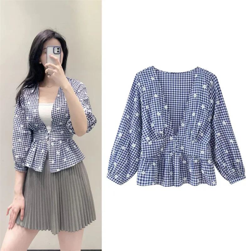 Women's Tops New Summer 2025 Small Check Tops Embroidered Trims Sexy Deep V-Neck Casual Fashion Versatile Personality