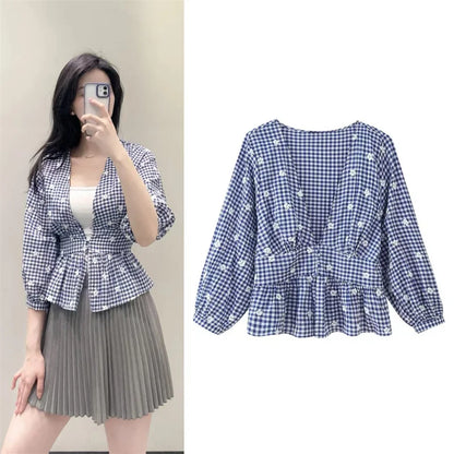 Women's Tops New Summer 2025 Small Check Tops Embroidered Trims Sexy Deep V-Neck Casual Fashion Versatile Personality