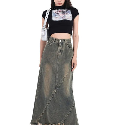 Women Denim Skirt Y2k Emo 2000s Clothes Long Skirt Harajuku Korean 90s Fashion Vintage Gradient A-line Jean Skirt Grunge Clothes
