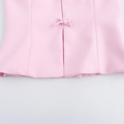 Bow Backless Vest Women Summer Sleeveless Halter Hollow Top Elegant Slim Skirt New Y2k Female Tanks Short Top Office