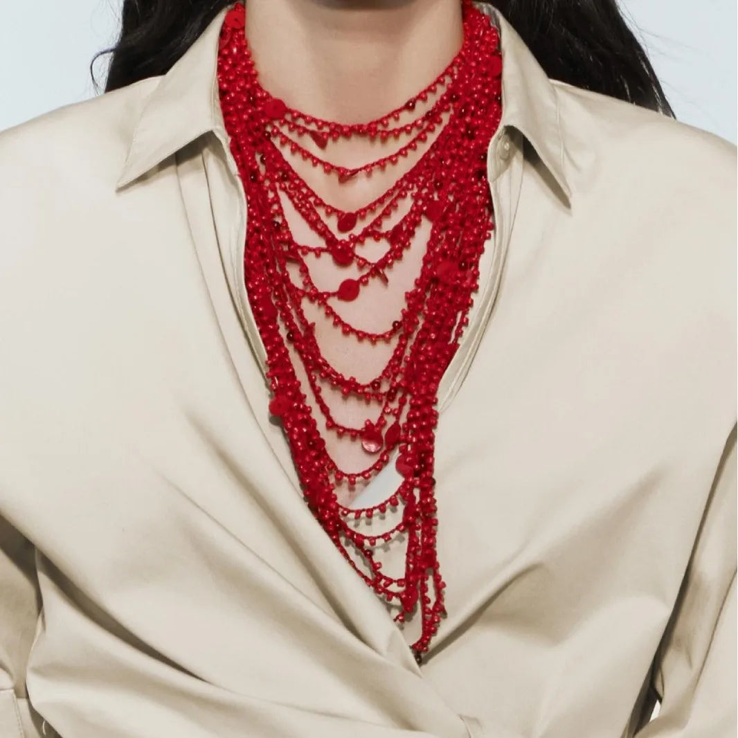 Multi Layer Red Irregular Beaded Necklace for Women European American Fashion Hip-Hop Exaggerated Bib Collar Jewelry Accessories