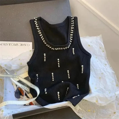 2025 New Women Vest Top Design Heavy Beads Diamonds Slim Vest Coat New Ice Silk Knitted Camisole Undershirt Women's Tops Summer