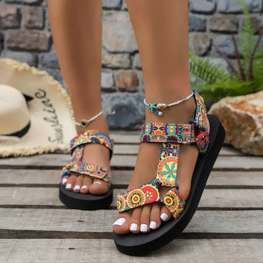 Women's Shoes 2025 Open Toe Women's Sandals Summer Bohemian Mixed Color Soft Sole Lightweight Casual Comfortable Flat Sandals