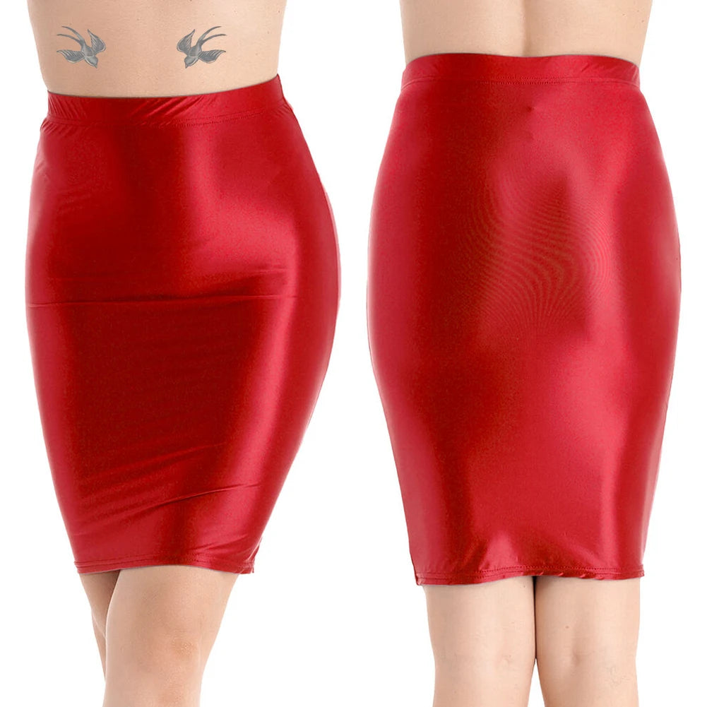 Mini Skirts Skirt For Women Autumn Bodycon Clubwear Glossy Shiny Stretchy Summer Tight Fitting High Waist Knee-length
