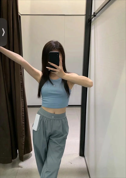 Yoga Sports Straight Leg Pants Women Thin Casual Fashion Solid Elastic Waist Quick Drying Sweatpants Loose Baggy Trousers Women