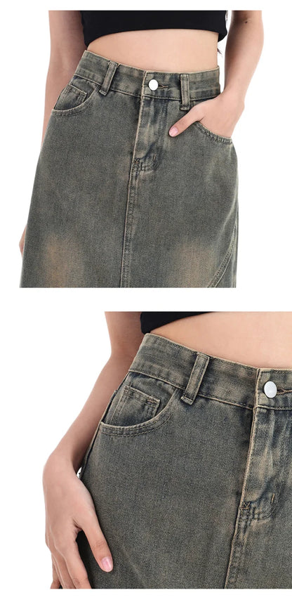 Women Denim Skirt Y2k Emo 2000s Clothes Long Skirt Harajuku Korean 90s Fashion Vintage Gradient A-line Jean Skirt Grunge Clothes