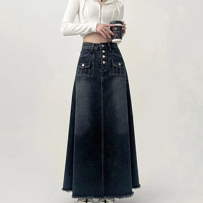 Vintage Denim Long Skirt for Women 2023 Spring Summer High Waist Button Raw Edge A-Line Skirt Female Harajuku Street Jean Skirts
