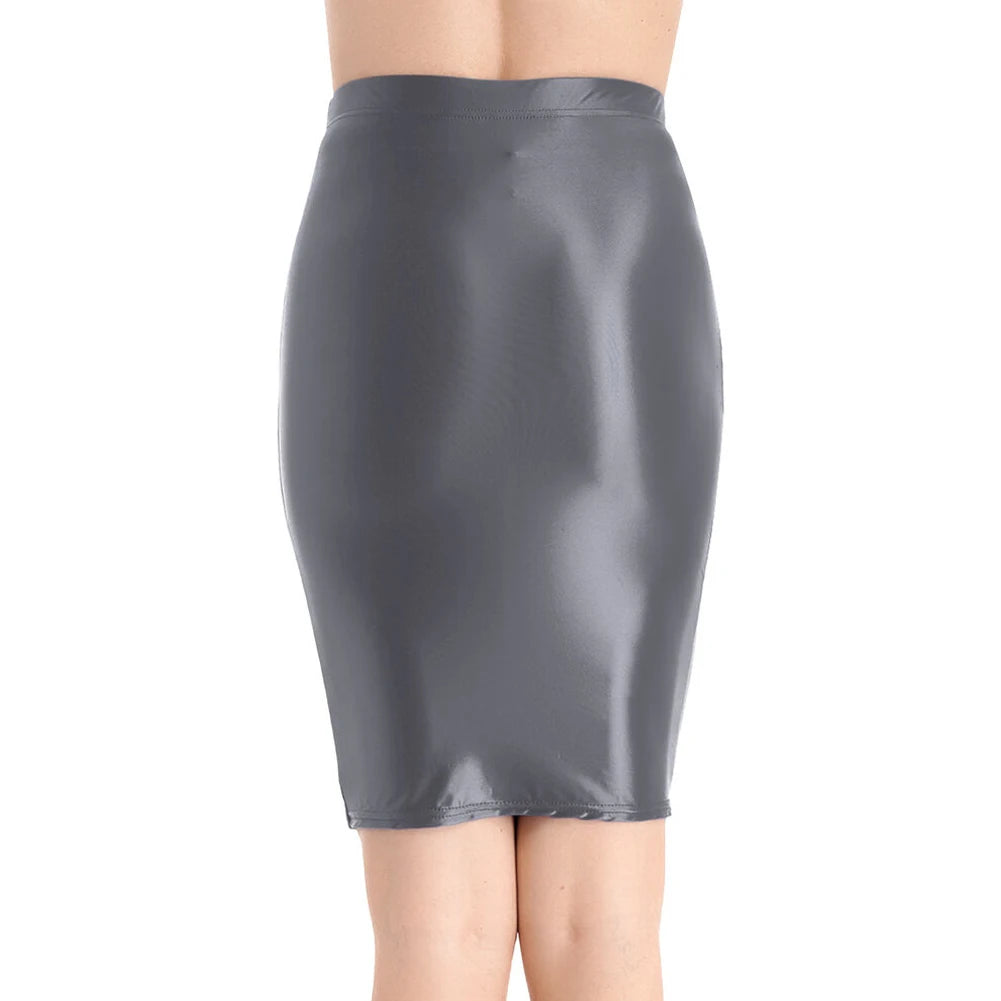Mini Skirts Skirt For Women Autumn Bodycon Clubwear Glossy Shiny Stretchy Summer Tight Fitting High Waist Knee-length