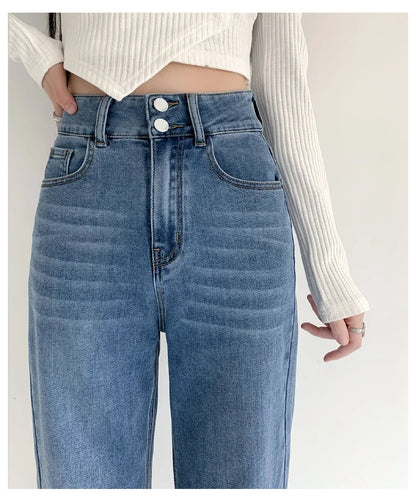 Women's Jeans Autumn High Waist Loose Straight Denim Pants Black Blue Fashion Korean Street Stretch Soft Comfortable Trousers