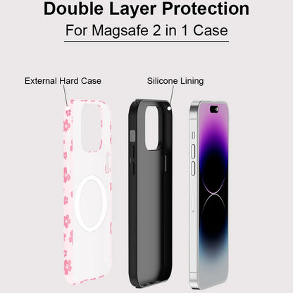 Pink Flower Pattern Case For iPhone 16 Pro Max 15 14 Plus 13 12 Pro 11 Luxury Magnetic Double-layer Shockproof Back Cover