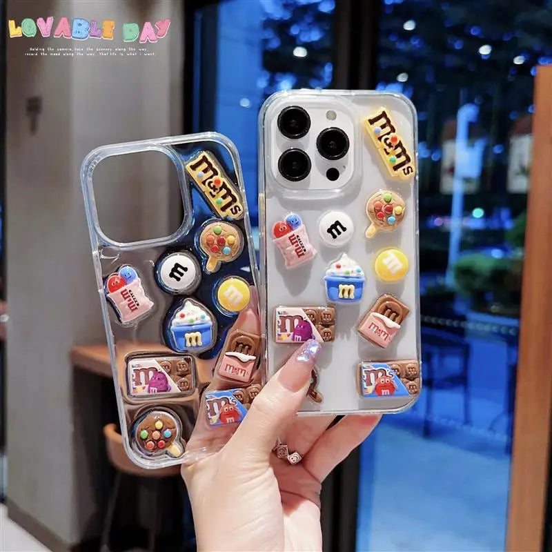 Super Cute M beans chocolate Phone Case for iPhone 16 15 14 13 12 11 Pro Max Cases Silicone Cover Transparent 3D Cartoon Funda