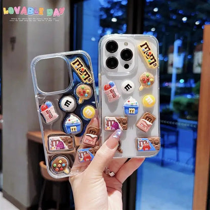 Super Cute M beans chocolate Phone Case for iPhone 16 15 14 13 12 11 Pro Max Cases Silicone Cover Transparent 3D Cartoon Funda