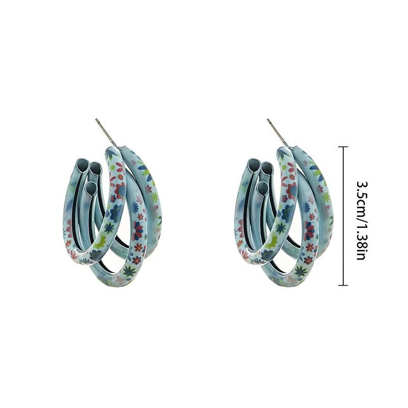 A Pair of Exaggerated Printed Three-ring C-shaped Earrings for Women, Suitable for Gifting and Fashionable Earrings