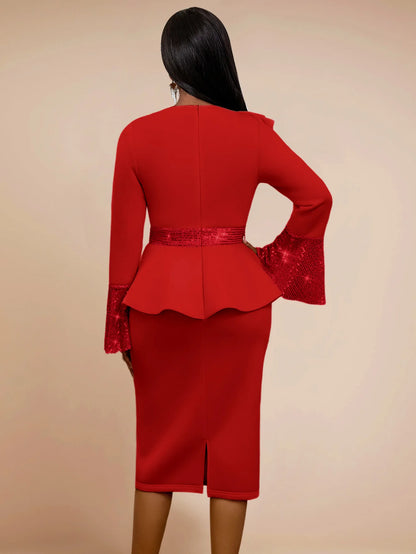 Church Dresses for Women Elegant Ruffles Long Flare Sleeves Sequined Party Bodycon Peplum Classy Occasion African Wedding Guest