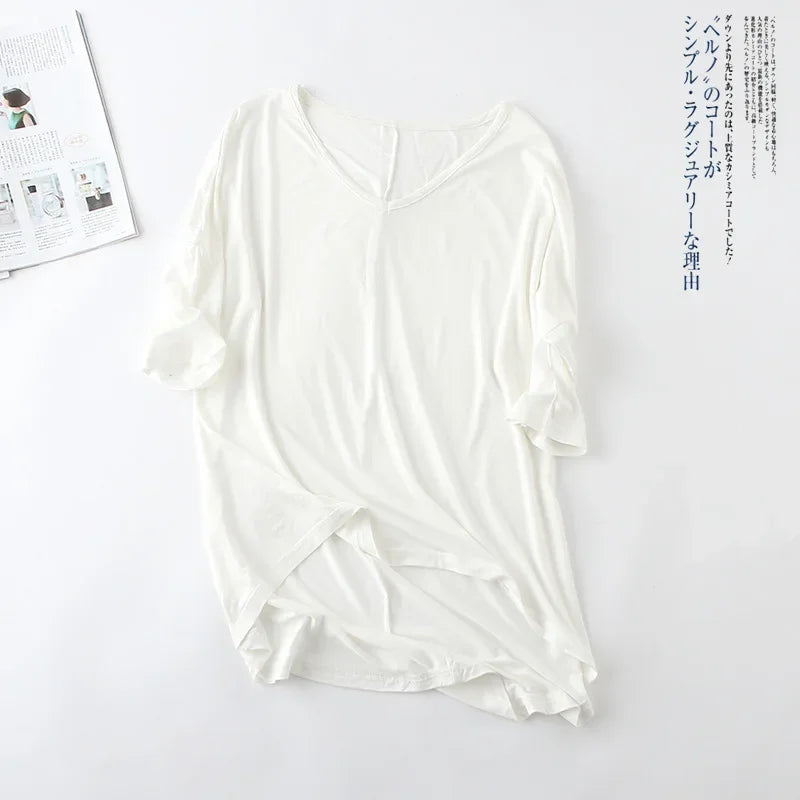 Fashion Tops Tees 2024 Summer T-shirt Women Half-Sleeve Solid Loose Shirt V-neck Oversize Basic Top Shirts for Women Casual