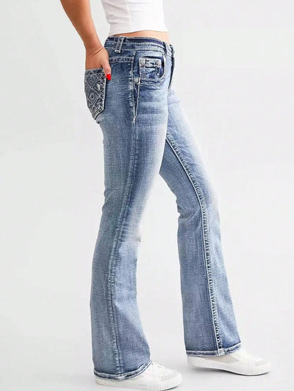 New women's embroidered jeans fashionable double waist washed bootcut pants
