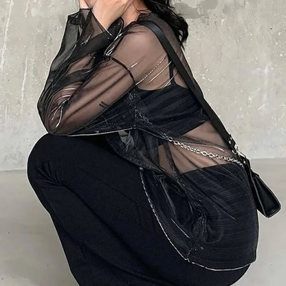 See Through T Shirts For Women Y2k Clothes Sexy Crop Tops Long Sleeve Oversized Tshirt O-Neck Club Outfit Reflective Egirl Tees