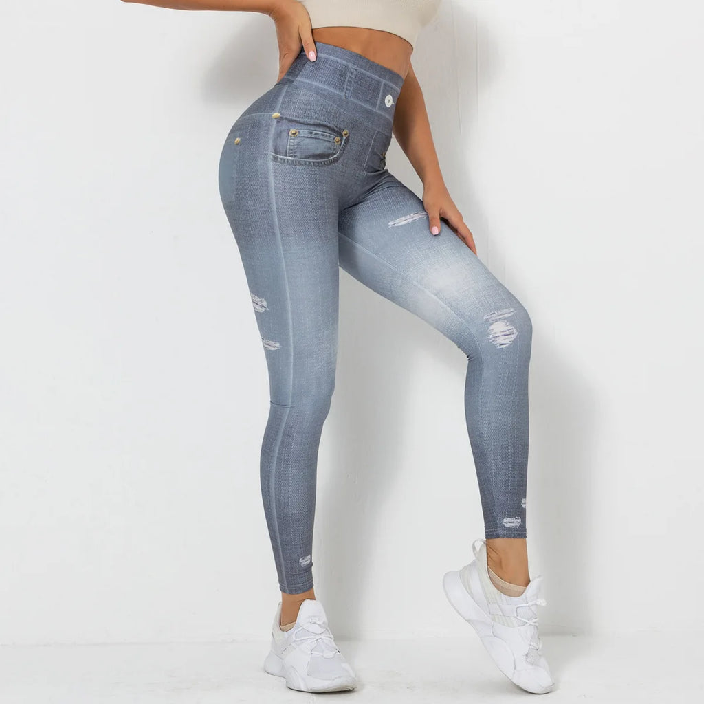 Push Up Yoga Pants Women Fitness Leggings Imitation Jeans Patchwrok Scrunch Tights High Waist Leggings Gym Workout Sport Leggins