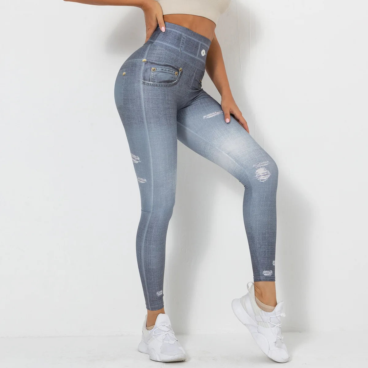 Push Up Yoga Pants Women Fitness Leggings Imitation Jeans Patchwrok Scrunch Tights High Waist Leggings Gym Workout Sport Leggins