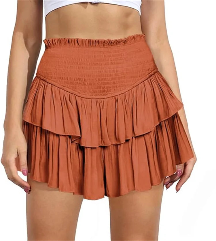 Women's High Waist Ruffle Pleated Mini Skirts Solid Lined Layered Flared Flowy Casual Swing Summer Boho Beach Mini Short Skirt
