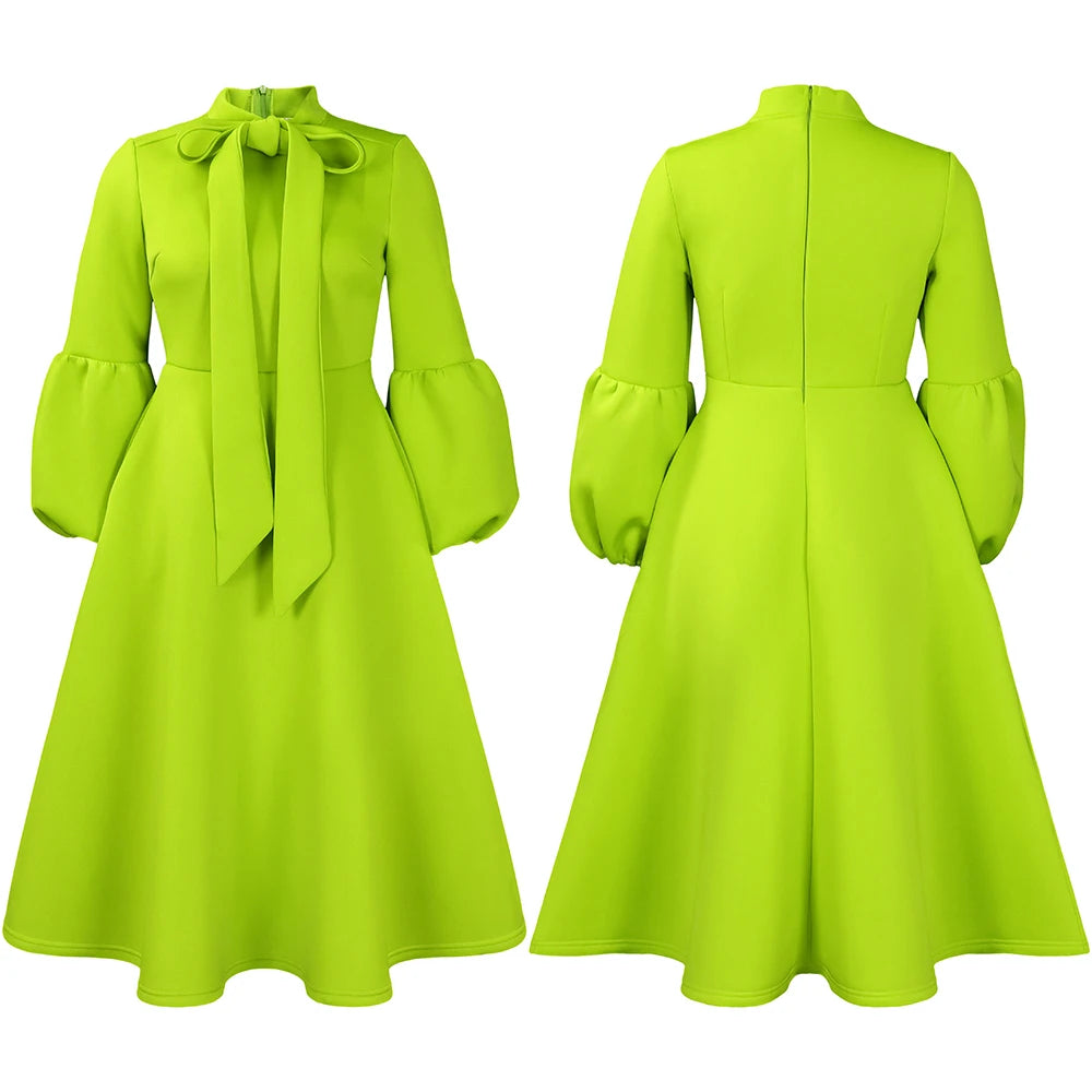Elegant Dresses for Women Bow Collar Full Sleeve High Waisted A Line Mid Calf Luxury Female Birthday Party Dinner Vestidos Mujer