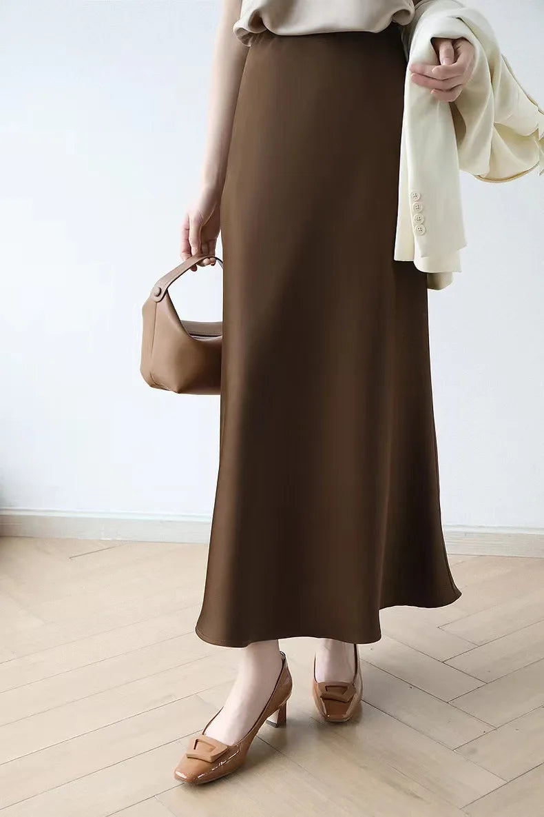 Long Skirts for Women High-waisted Thin Satin Acetate Silky Fishtail Skirt Korean Fashion Clothing Elegant Women's A-line Skirt