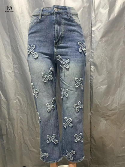 Fashion Women Cotton Jeans High Waist Vintage Wash Denim Tassels Cross Trousers Y2K Streetwear Straight Leg Pants 2024