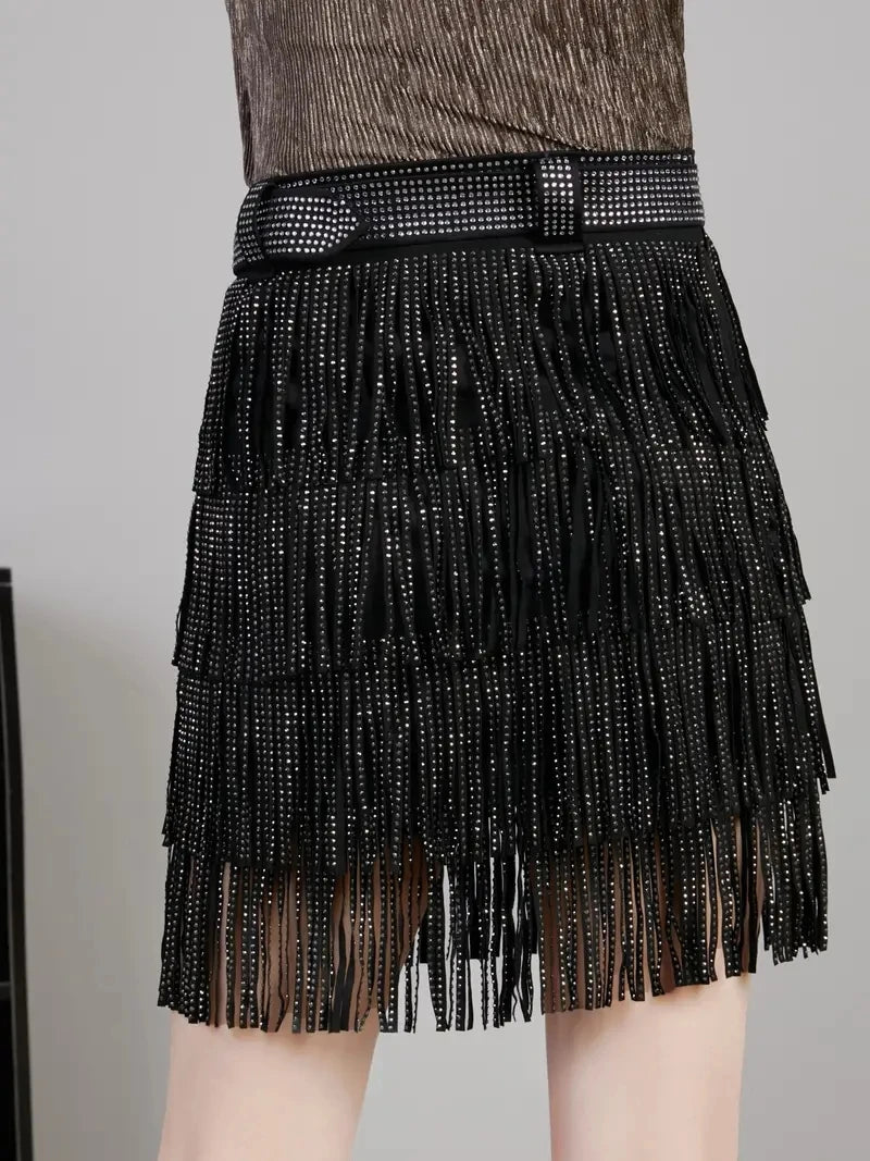 Women Skirt Fashion 2025 New Autumn High Waist Belt Multi Layer Short  Heavy Drilling Rhinestones Fringed Skirt with Cake A Line