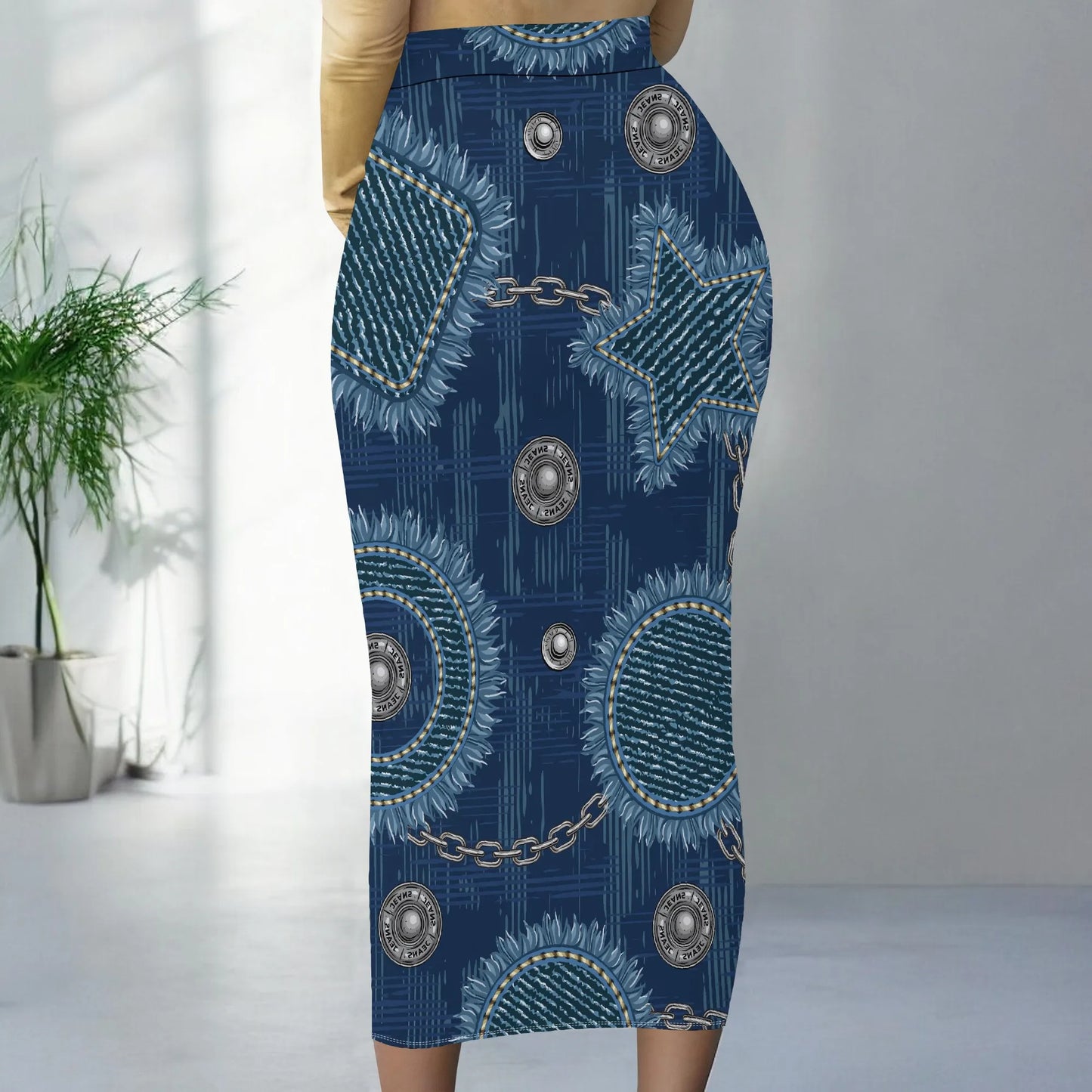 Womens Long Cotton Patchwork Stretch Denim Skirt a Line Flared Jean Maxi Skirt