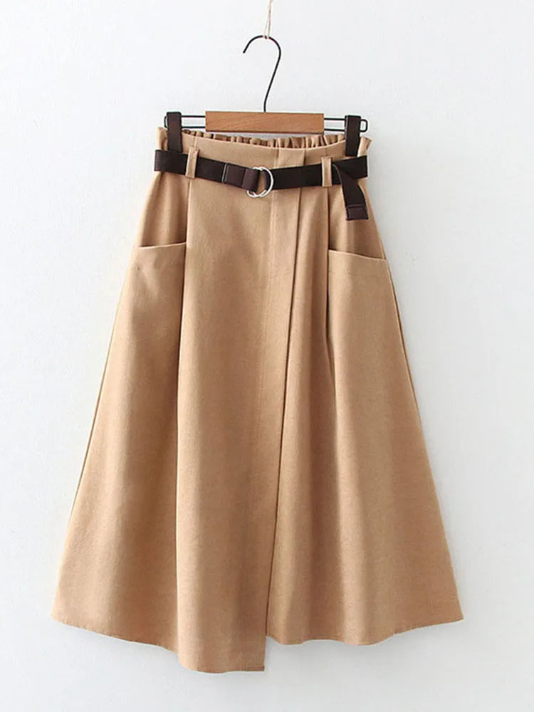 Women Casual Skirts Spring And Autumn Solid High Waist Irregular Pockets Midi Skirts Fashion Simple Elegant Saia Faldas