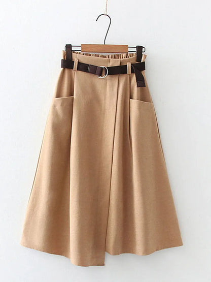 Women Casual Skirts Spring And Autumn Solid High Waist Irregular Pockets Midi Skirts Fashion Simple Elegant Saia Faldas