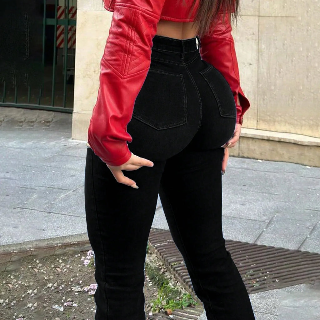 2025 New Spring Women's Ripped Jeans Cotton Slim High Waist Solid Color Sexy Denim Pants Fashion Street Flared Pants