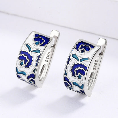 925 Silver Classic Creative Handmade Blue Enamel Earrings For Ladies Flower Shape Earrings Fashion Party Jewelry Women Earrings