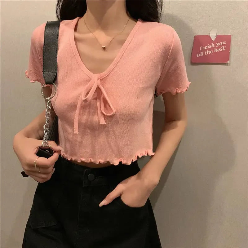 Tops Woman Short Sleeve T Shirt for Women V Neck New in Knitwears Plain Sexy Crop Korean Fashion Reviews Clothes Many Polyester