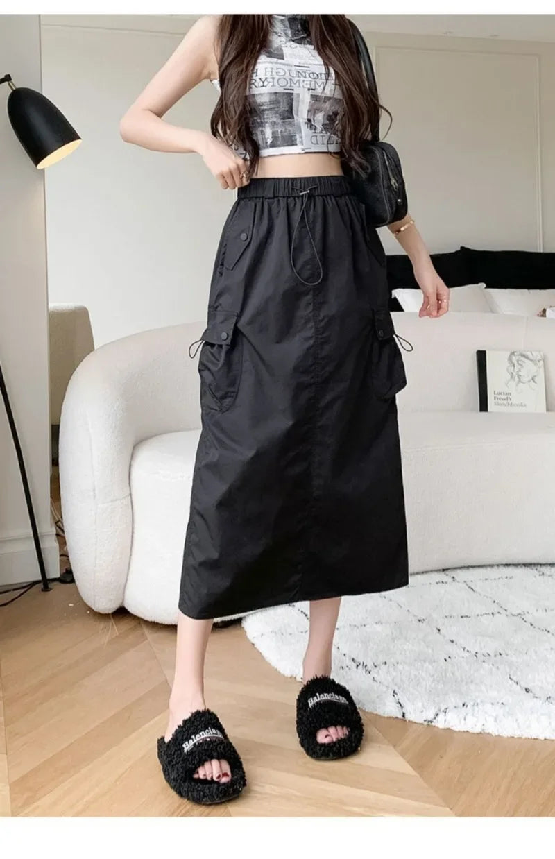 Skirts for Women Spring Summer Drawstring Workwear Half-body Skirt Split Mid-length Skirt Pure Color Package Hip One-Step Skirt