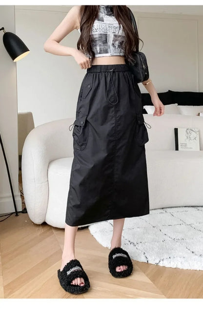 Skirts for Women Spring Summer Drawstring Workwear Half-body Skirt Split Mid-length Skirt Pure Color Package Hip One-Step Skirt