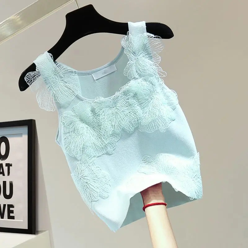 Sexy Crop Tops Women Heavy Embroidery Floral Tank 2025 Ropa Mujer Lace Butterfly Backless Tunic Vest Korean Summer Camis