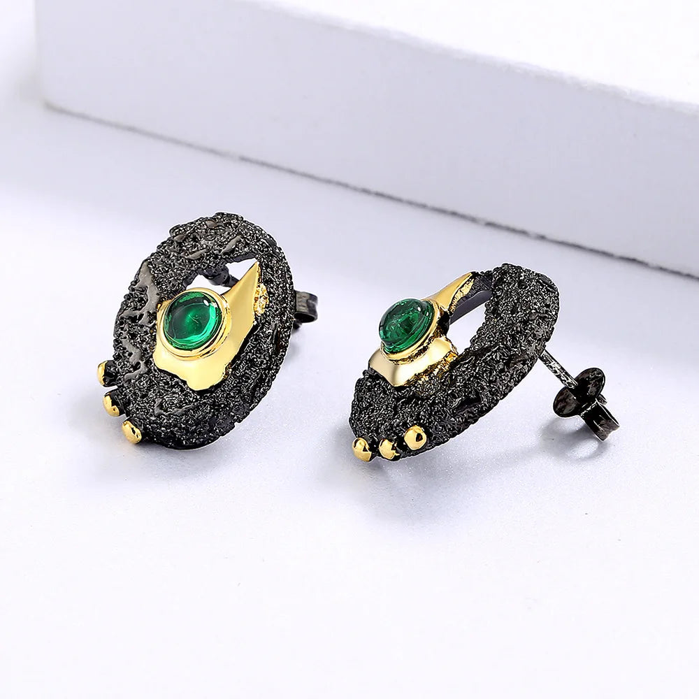 Earrings for Women Round Black Gold-Color Hollow Inlaid Green Crystal Jewelry Creative Birthday Gift  brincos