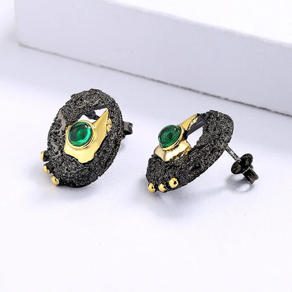 Earrings for Women Round Black Gold-Color Hollow Inlaid Green Crystal Jewelry Creative Birthday Gift  brincos