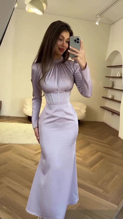 Women Muslim Dresses Slim Party Evening Dress Long Sleeve Pleated Lace-up Irregular Robe Maxi Dress Dubai Abaya Elegant Vestidos