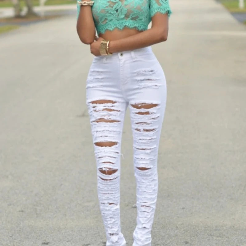 New Designer Denim Women 2025 High Waist Ripped Jeans for Women Skinny Black White Jeans Woman Elastic Slim Jean Female Femme